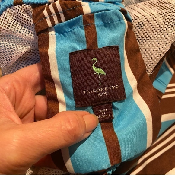 TAILORBYRD Men Blue Brown Striped Swim Trunk Shorts Size Medium - Picture 6 of 9